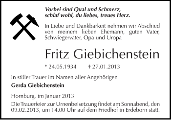 Traueranzeige von Fritz Giebichenstein von Mitteldeutsche Zeitung Mansfelder Land