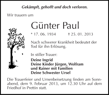 Traueranzeige von Günter Paul von Mitteldeutsche Zeitung Wittenberg