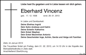 Traueranzeige von Eberhard Vincenz von Mitteldeutsche Zeitung Zeitz