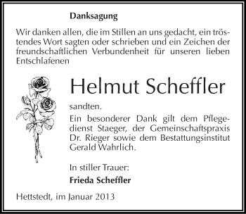 Traueranzeige von Helmut Scheffler von Mitteldeutsche Zeitung Mansfelder Land