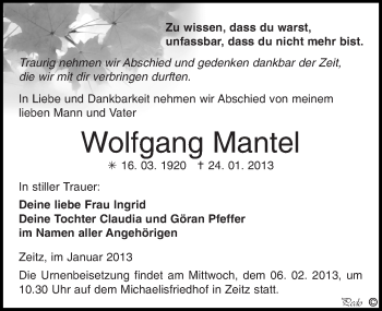 Traueranzeige von Wolfgang Mantel von Mitteldeutsche Zeitung Zeitz