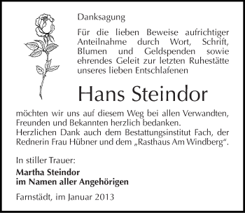 Traueranzeige von Hans Steindor von Mitteldeutsche Zeitung Merseburg/Querfurt