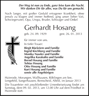 Traueranzeige von Gerhardt Hosang von Mitteldeutsche Zeitung Sangerhausen