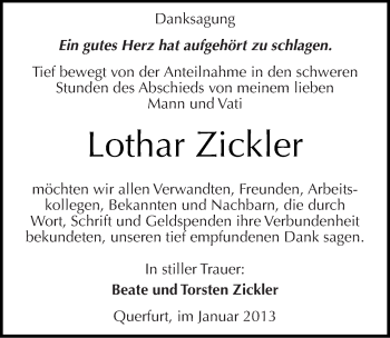 Traueranzeige von Lothar Zickler von Mitteldeutsche Zeitung Merseburg/Querfurt