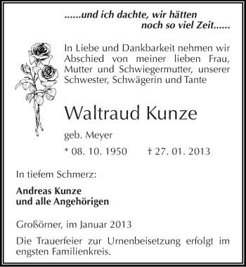 Traueranzeige von Waltraud Kunze von Mitteldeutsche Zeitung Mansfelder Land