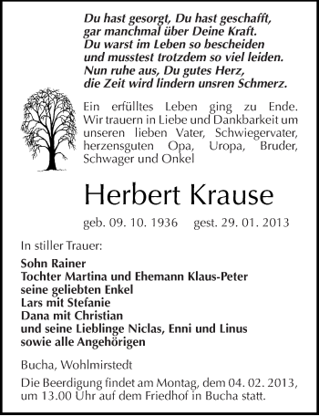 Traueranzeige von Herbert Krause von Mitteldeutsche Zeitung Naumburg/Nebra