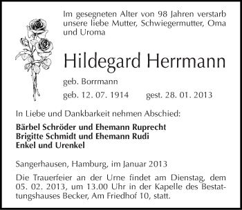 Traueranzeige von Hildegard Herrmann von Mitteldeutsche Zeitung Sangerhausen