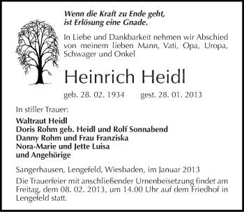 Traueranzeige von Heinrich Heidl von Mitteldeutsche Zeitung Sangerhausen