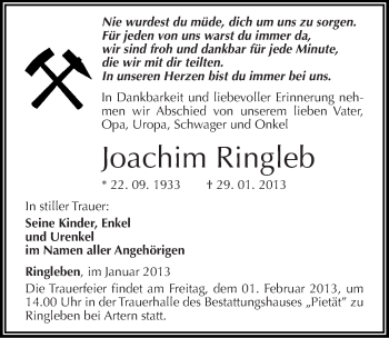 Traueranzeige von Joachim Ringleb von Mitteldeutsche Zeitung Sangerhausen