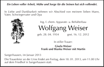 Traueranzeige von Wolfgang Weiser von Mitteldeutsche Zeitung Sangerhausen