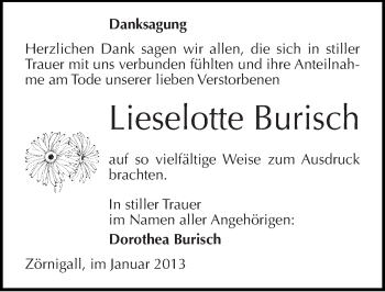 Traueranzeige von Lieselotte Burisch von Mitteldeutsche Zeitung Wittenberg