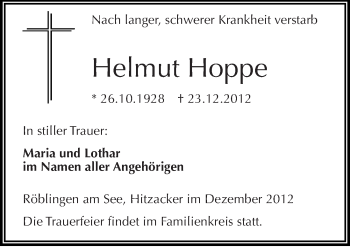 Traueranzeige von Helmut Hoppe von Mitteldeutsche Zeitung Mansfelder Land