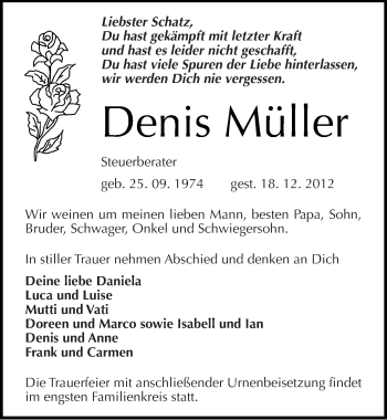 Traueranzeige von Denis Müller von Mitteldeutsche Zeitung Halle/Saalkreis
