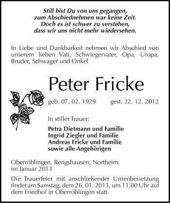 Traueranzeige von Peter Fricke von Mitteldeutsche Zeitung Sangerhausen