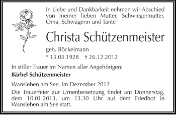 Traueranzeige von Christa Schützenmeister von Mitteldeutsche Zeitung Mansfelder Land