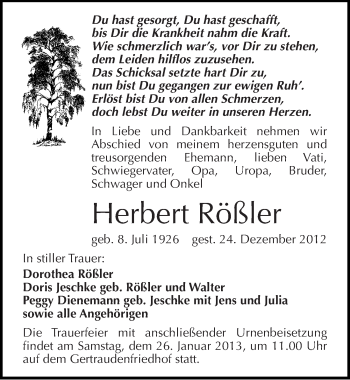 Traueranzeige von Herbert Rößler von Mitteldeutsche Zeitung Halle/Saalkreis