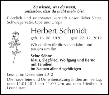 Traueranzeige von Herbert Schmidt von Mitteldeutsche Zeitung Weißenfels