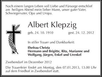 Traueranzeige von Albert Klepzig von Mitteldeutsche Zeitung Halle/Saalkreis