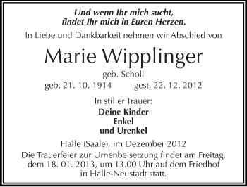 Traueranzeige von Marie Wipplinger von Mitteldeutsche Zeitung Halle/Saalkreis