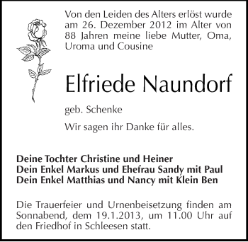Traueranzeige von Elfriede Naundorf von Mitteldeutsche Zeitung Wittenberg
