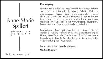 Traueranzeige von Anne-Marie Spillert von Mitteldeutsche Zeitung Quedlinburg