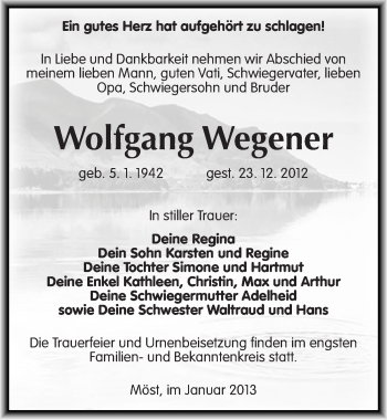 Traueranzeige von Wolfgang Wegener von Mitteldeutsche Zeitung Bitterfeld