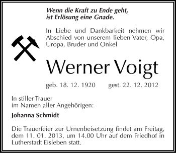 Traueranzeige von Werner Voigt von Mitteldeutsche Zeitung Mansfelder Land
