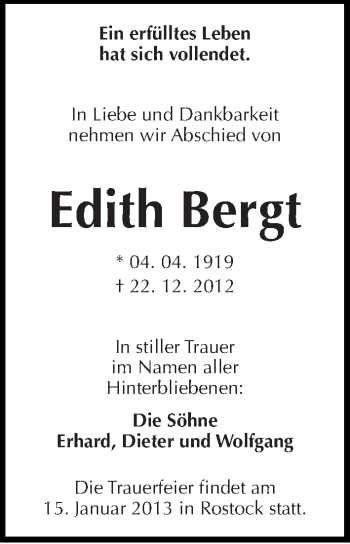 Traueranzeige von Edith Bergt von Mitteldeutsche Zeitung Dessau-Roßlau