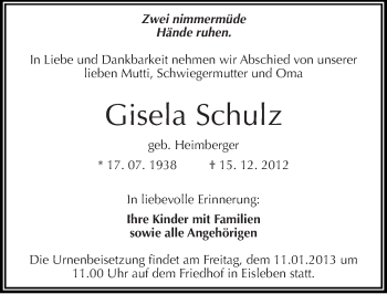 Traueranzeige von Gisela Schulz von Mitteldeutsche Zeitung Mansfelder Land