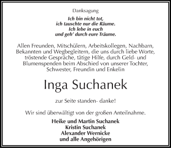Traueranzeige von Inga Suchanek von Mitteldeutsche Zeitung Sangerhausen
