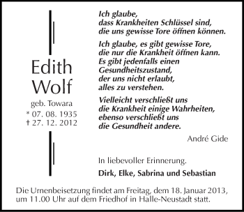 Traueranzeige von Edith Wolf von Mitteldeutsche Zeitung Halle/Saalkreis