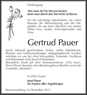 Traueranzeige von Gertrud Pauer von Mitteldeutsche Zeitung Sangerhausen