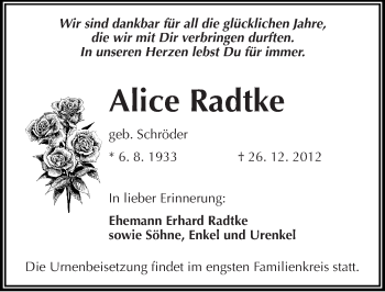 Traueranzeige von Alice Radtke von Mitteldeutsche Zeitung Halle/Saalkreis