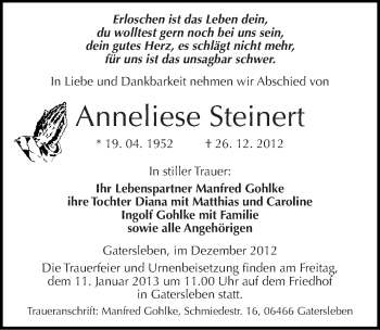 Traueranzeige von Anneliese Steinert von Mitteldeutsche Zeitung Mansfelder Land
