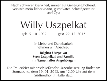 Traueranzeige von Willy Uszpelkat von Mitteldeutsche Zeitung Halle/Saalkreis