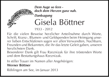 Traueranzeige von Gisela Böttner von Mitteldeutsche Zeitung Mansfelder Land