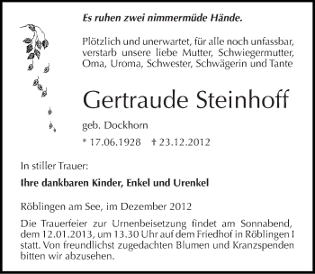 Traueranzeige von Gertraude Steinhoff von Mitteldeutsche Zeitung Mansfelder Land