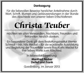 Traueranzeige von Christa Teuber von Mitteldeutsche Zeitung Quedlinburg
