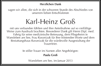 Traueranzeige von Karl-Heinz Groß von Mitteldeutsche Zeitung Mansfelder Land