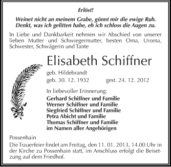 Traueranzeige von Elisabeth Schiffner von Mitteldeutsche Zeitung Naumburg/Nebra