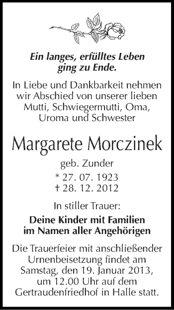 Traueranzeige von Margarete Morczinek von Mitteldeutsche Zeitung Halle/Saalkreis