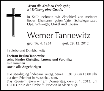 Traueranzeige von Werner Tannewitz von Mitteldeutsche Zeitung Merseburg/Querfurt