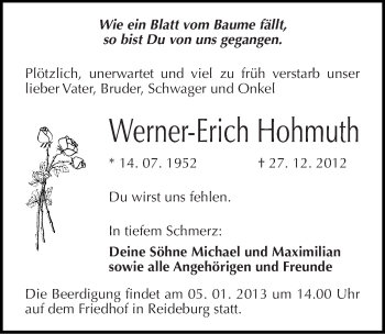 Traueranzeige von Werner-Erich Hohmuth von Mitteldeutsche Zeitung Halle/Saalkreis