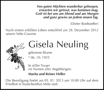 Traueranzeige von Gisela Neuling von Mitteldeutsche Zeitung Halle/Saalkreis