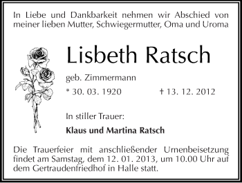 Traueranzeige von Lisbeth Ratsch von Mitteldeutsche Zeitung Halle/Saalkreis