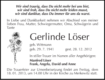 Traueranzeige von Gerlinde Löser von Mitteldeutsche Zeitung Halle/Saalkreis