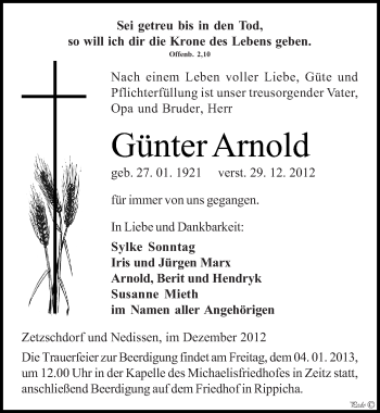 Traueranzeige von Günter Arnold von Mitteldeutsche Zeitung Zeitz