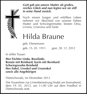 Traueranzeige von Hilda Braune von Mitteldeutsche Zeitung Naumburg/Nebra
