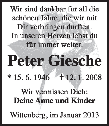 Traueranzeige von Peter Giesche von Mitteldeutsche Zeitung Jessen