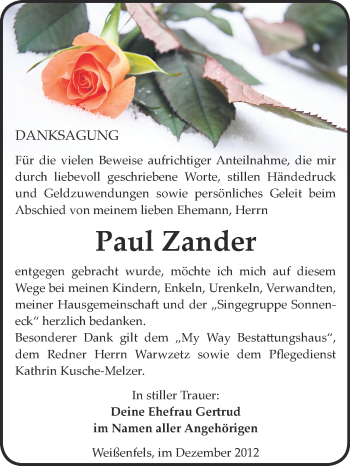 Traueranzeige von Paul Zander von Mitteldeutsche Zeitung Weißenfels